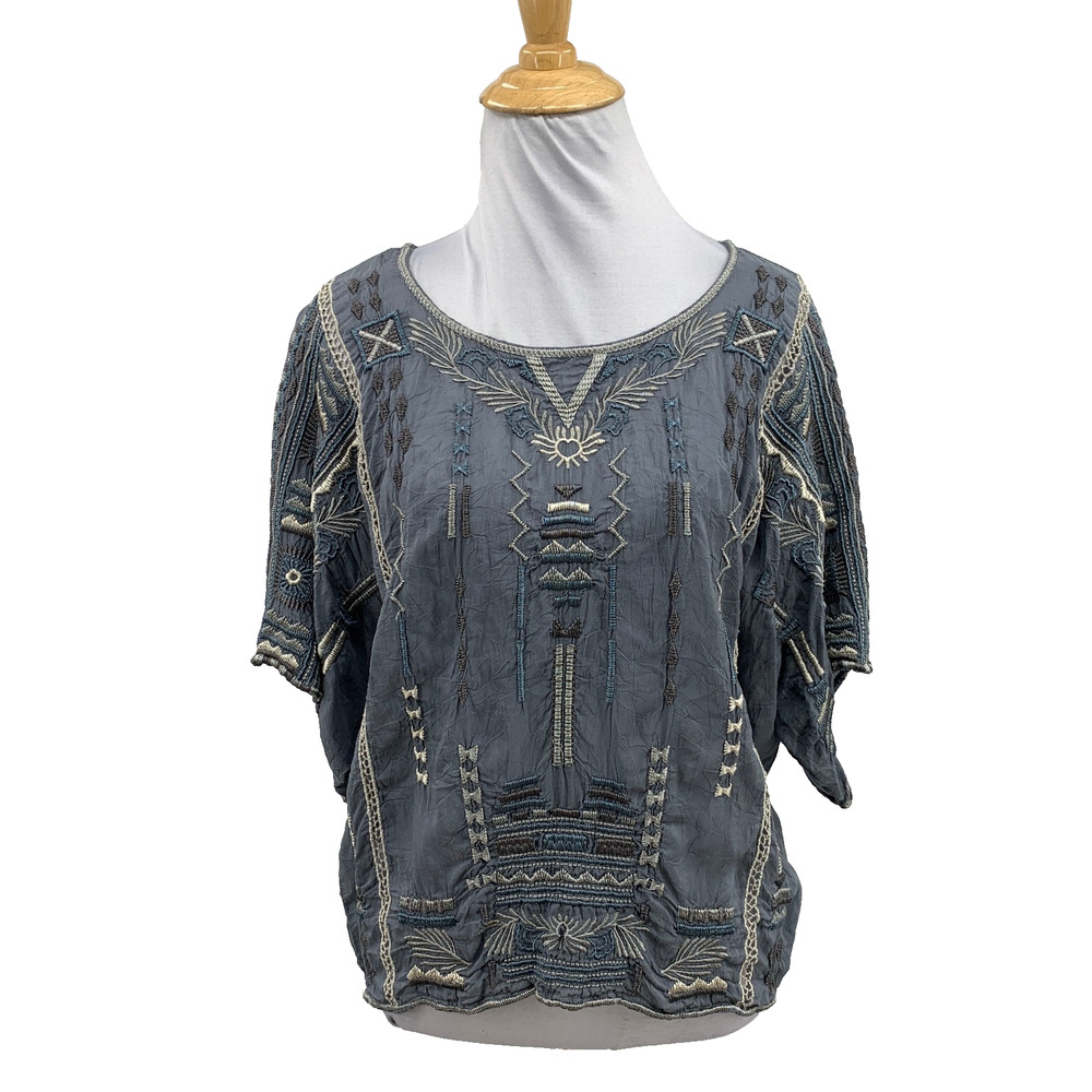 Johnny Was Top Women XS Blue Gray Jurnee Cropped Boxy Embroidered Short Sleeve